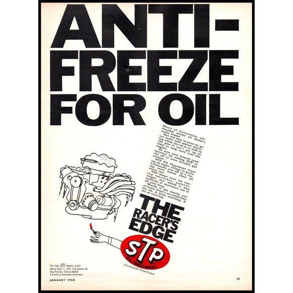 1968 STP Racer's Edge Anti-Freeze For Oil Treatment Vintage Print Ad Wall Art - Picture 1 of 1